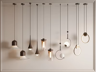 Various Modern Chandeliers With Different Shapes And Styles On White Wall 3d model