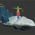 Character In Red Black Outfit With Yellow Lantern On Snowy Ground Near Blue Ice Spikes