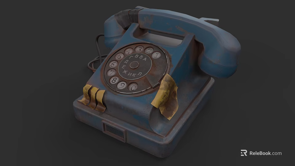 Vintage Blue Rotary Dial Phone With Rusty Worn Surface Yellow Tape And Small Paper Outlet 3d model 