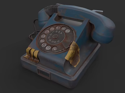 Vintage Blue Rotary Dial Phone With Rusty Worn Surface Yellow Tape And Small Paper Outlet 3d model