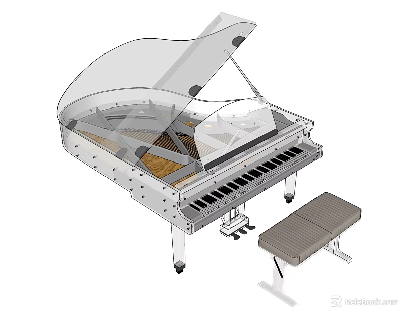 Stylish Grand Piano Featuring Transparent Lid And Visible Internal Structure With Matching Wooden Bench 3d model 