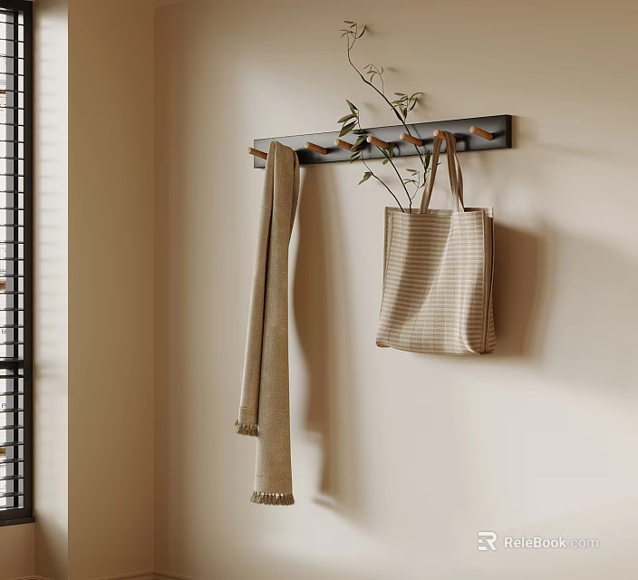 Stylish Wall Mounted Coat Rack With Soft Scarf Checkered Tote Bag And Small Twig Decoration In Interior Space 3d model 