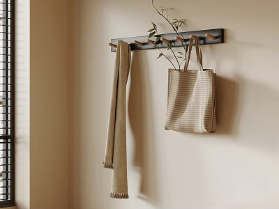 Stylish Wall Mounted Coat Rack With Soft Scarf Checkered Tote Bag And Small Twig Decoration In Interior Space 3d model