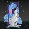 Ancient Style Figure In White Robe With Lantern Ink Painting Background And Falling Petals
