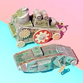 Vintage Green Toy Tank And Armored Vehicle With Red Gears On Pink Blue Background