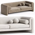 Modern Multi Person Sofa Interior With Gray Beige Fabric And Decorative Round Pillows