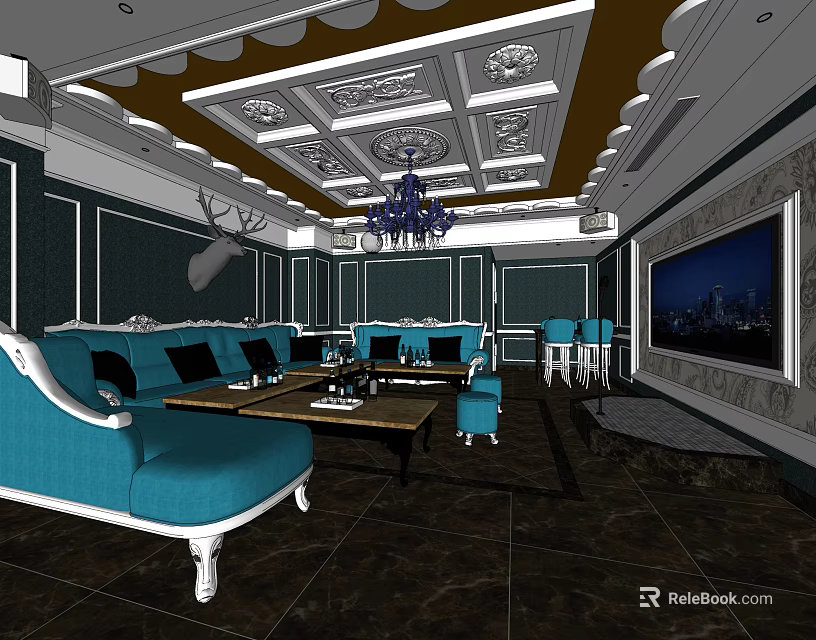 KTV Interior Design With Turquoise Sofas Coffee Tables Chandelier And Large Screen 3d model