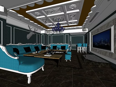 KTV Interior Design With Turquoise Sofas Coffee Tables Chandelier And Large Screen 3d model