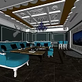 KTV Interior Design With Turquoise Sofas Coffee Tables Chandelier And Large Screen 3d model