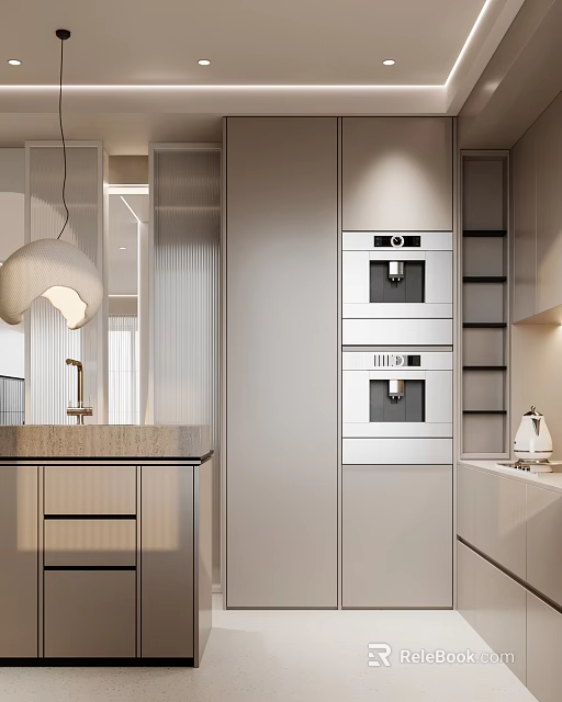 Modern Kitchen Interior Design With Built in Double Ovens Cabinets And Pendant Light 3d model