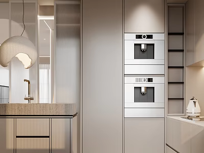 Modern Kitchen Interior Design With Built in Double Ovens Cabinets And Pendant Light 3d model