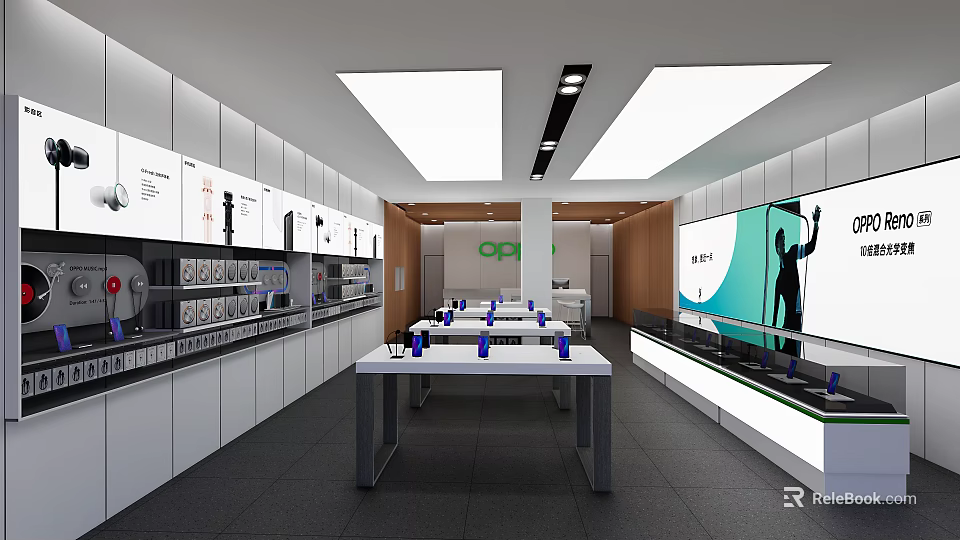 OPPO Digital Store Interior With Product Shelves Display Tables And Large Screen 3d model 