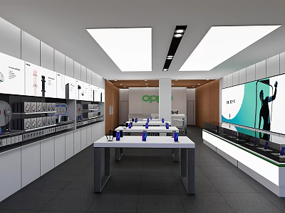 OPPO Digital Store Interior With Product Shelves Display Tables And Large Screen 3d model
