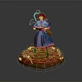 Witch In Blue Dress Holding Book With Glowing Magic And Forest Creature On Autumn Leaves