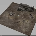 Battlefield Ruin Scene Components With Ruined Structures Scattered Weapons And Debris 3d model