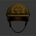 3D Rendered Military Weapon Helmet with Yellow Design Circular Emblem and Black Straps