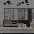 Modern Interior Showroom With Large Decorative Paintings Marble Panels White Armchairs And Pendant Lights