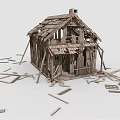 Old Dilapidated Wooden House With Exposed Frame And Scattered Wooden Planks