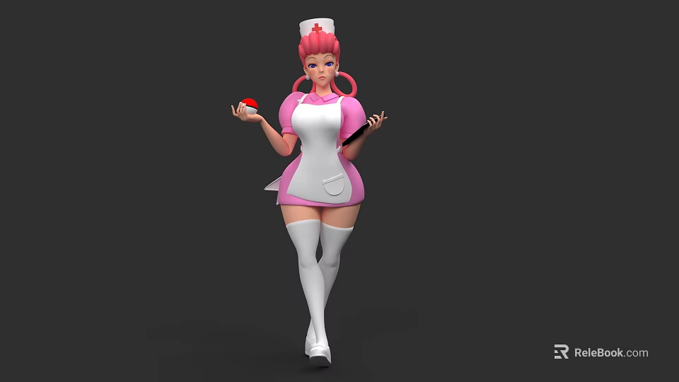 Game Character Nurse With Pink Hair White Thigh High Socks Holding Red Ball 3d model 