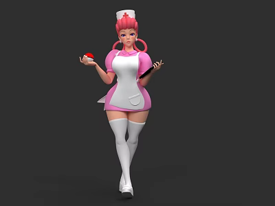 Game Character Nurse With Pink Hair White Thigh High Socks Holding Red Ball 3d model