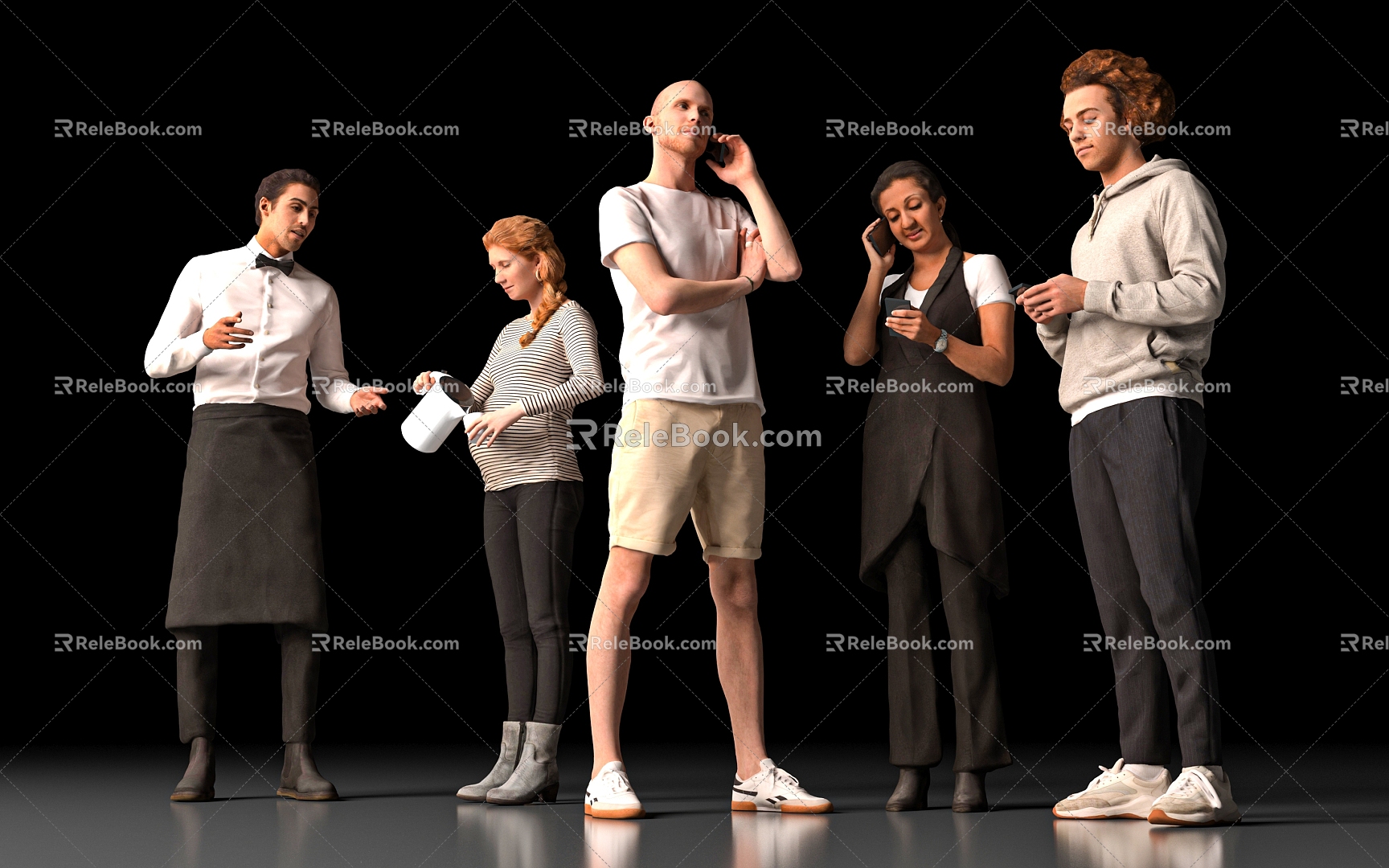 Make a phone call to see the mobile phone waiter pour water waiter many characters men women adults children children tourists crowd customers 3d model