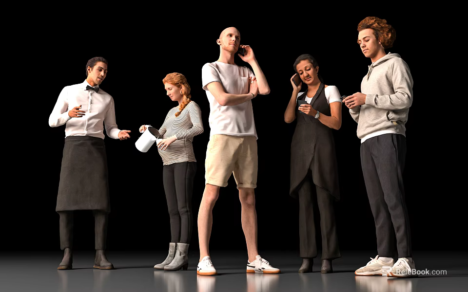 Group of People Standing Together With Different Actions And Casual Clothing On Black Background 3d model 