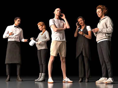Group of People Standing Together With Different Actions And Casual Clothing On Black Background 3d model