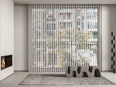 Stylish Interior Featuring Vertical Slatted Blinds On Window With Building View Trees Fireplace And Rug 3d model