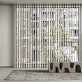 Stylish Interior Featuring Vertical Slatted Blinds On Window With Building View Trees Fireplace And Rug 3d model