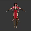Woman in Red and Gold Ornate Outfit With Corset Design and Long Brown Boots