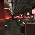 Modern Style Hotpot Restaurant with Red Walls Wooden Partitions Pendant Lights and Green Plants