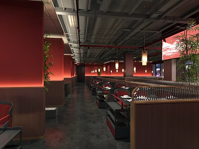 Modern Style Hotpot Restaurant with Red Walls Wooden Partitions Pendant Lights and Green Plants 3d model