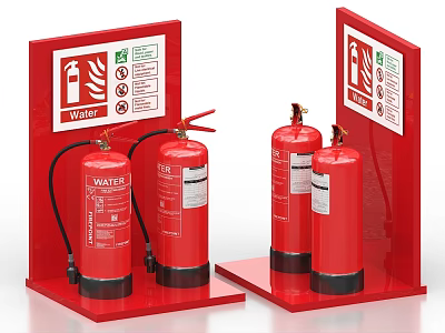 Red Fire Extinguishers On Red Stands With Warning Signs For Fire Safety 3d model