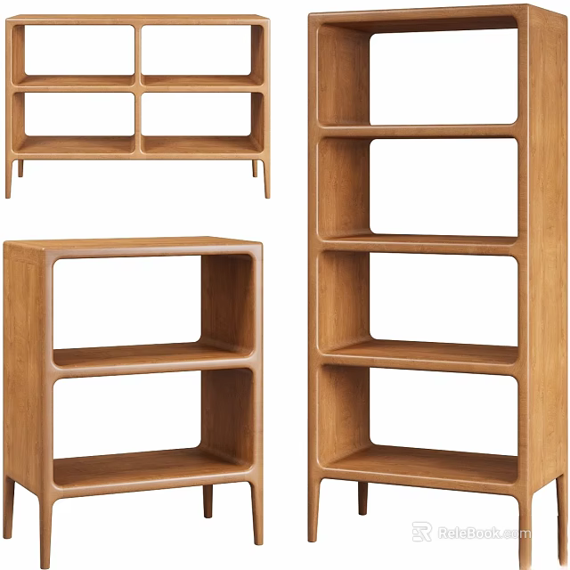 Minimalist Open Wooden Shelving Units With Various Designs Multiple Tiers And Slim Legs 3d model 