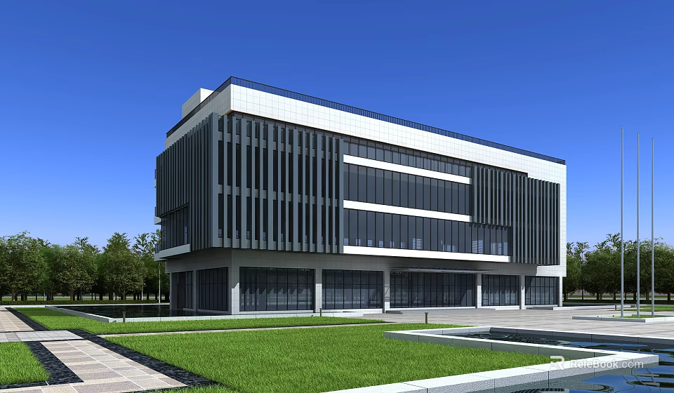Modern Multi Storey Office Building With Glass Curtain Walls Black Vertical Stripes And Green Lawn 3d model 