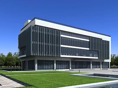Modern Multi Storey Office Building With Glass Curtain Walls Black Vertical Stripes And Green Lawn 3d model