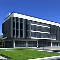 Modern Multi Storey Office Building With Glass Curtain Walls Black Vertical Stripes And Green Lawn
