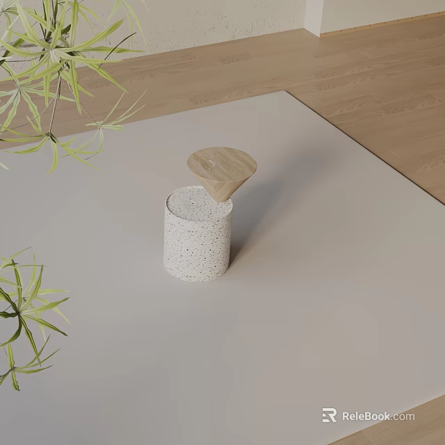 Modern Minimalist Side Table With Cylindrical Speckled Base And Wooden Top Near Green Plant Leaves 3d model 