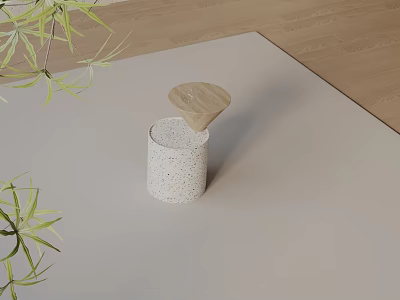 Modern Minimalist Side Table With Cylindrical Speckled Base And Wooden Top Near Green Plant Leaves 3d model