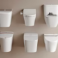 Six White Modern Toilets Arranged On Beige Wall For Bathroom