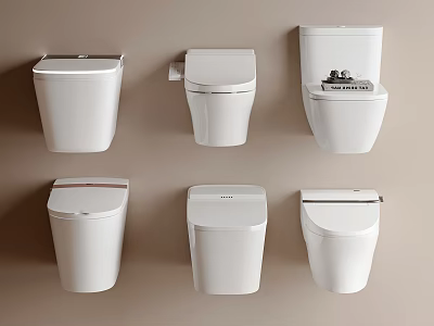 Six White Modern Toilets Arranged On Beige Wall For Bathroom 3d model