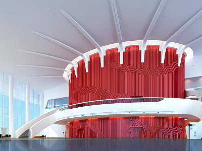 Modern Store Front Desk With Curved Red Wall And White Railings Design 3d model