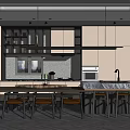 Modern Restaurant Interior Design With Wooden Dining Table Pendant Lights And Decorative Wall