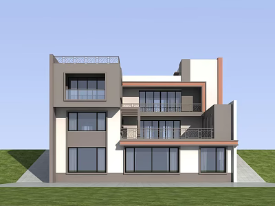 Modern Single Family Villa Exterior Design With Large Windows Balcony And Green Lawn 3d model