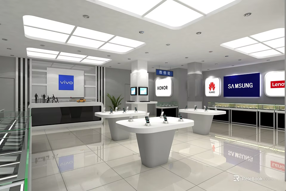 Modern Electronics Brand Store Interior With Samsung Huawei Logos Display Tables And Bright Lighting 3d model 