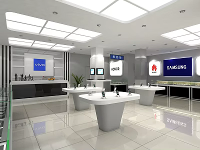 Modern Electronics Brand Store Interior With Samsung Huawei Logos Display Tables And Bright Lighting 3d model