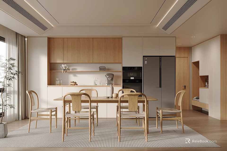 Modern Restaurant Interior Design With Wooden Cabinets Dining Table Chairs And Natural Tones 3d model 