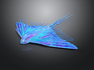 Flying Fish With Iridescent Blue And Purple Wings Glowing In Dark Background 3d model