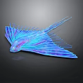 Flying Fish With Iridescent Blue And Purple Wings Glowing In Dark Background
