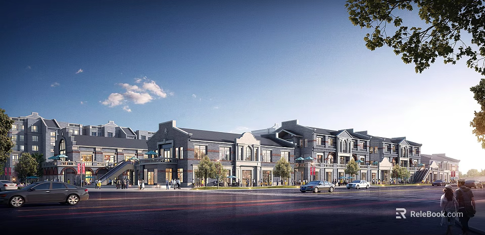 Traditional Modern Commercial Street Facade Design With Shops Trees Pedestrians And Cars 3d model 